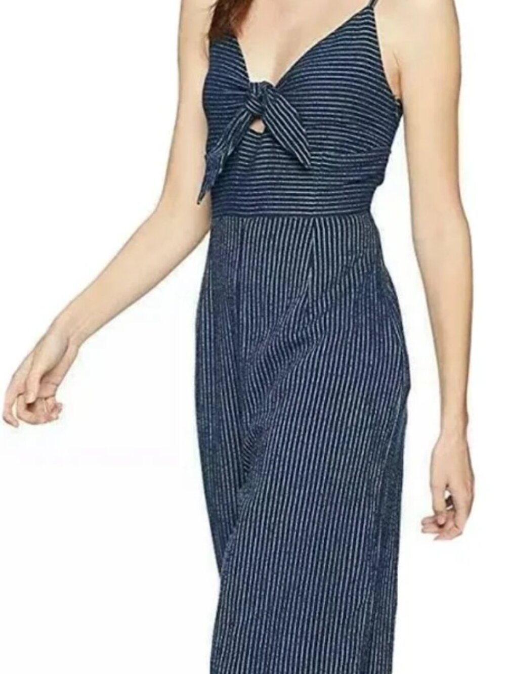 MINKPINK Lover Jumpsuit – Navy & White Pinstripe – Linen-Cotton Blend